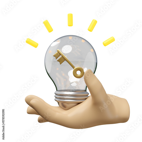 3d hands holding light bulb with key isolated. idea tip concept, minimal abstract, 3d illustration render photo