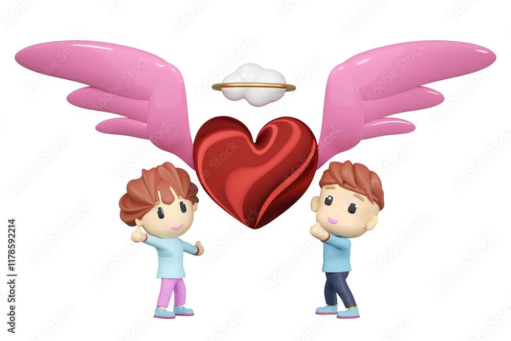 Obraz premium 3d red heart wings flying with boy and girl, cloud, ring isolated. Happy valentine's day concept, 3d illustration render