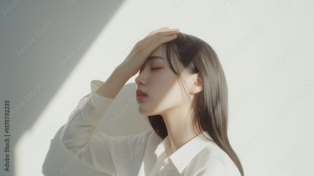 光が差し込む部屋で頭を抑えて目を瞑っている 頭痛・体調が悪い女性の顔のクローズアップ 日本人 アジア人
