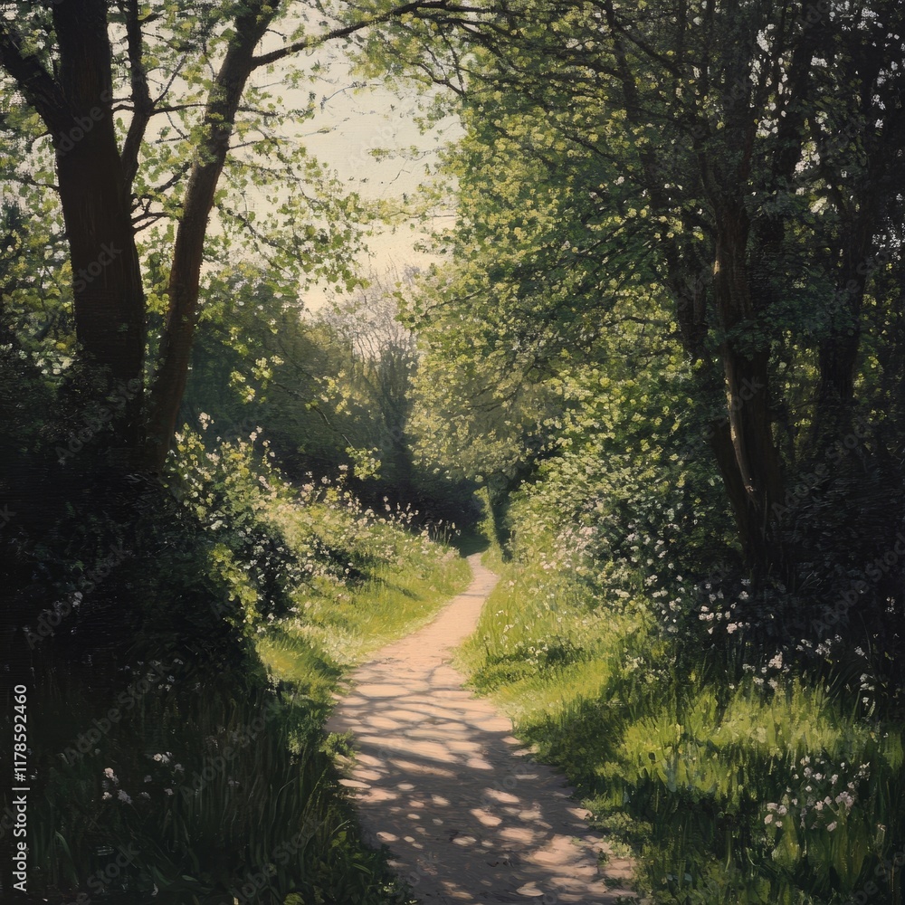 Obraz premium A peaceful forest path bathed in sunlight, surrounded by lush greenery and wildflowers, creating a serene and tranquil atmosphere.