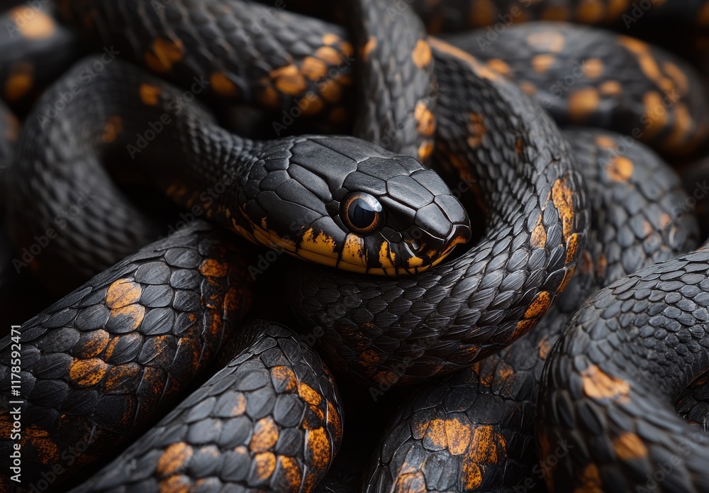 Close-up of a black snake with striking orange patterns coiled in a natural habitat, highlighting the texture and details of its scales and eyes for wildlife photography enthusiasts. Close-up of a black snake with striking orange patterns coiled in a natural habitat, highlighting the texture and details of its scales and eyes for wildlife photography enthusiasts.