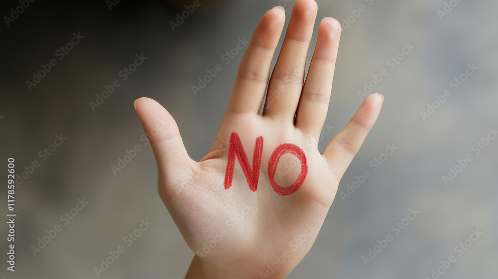 赤い文字で「NO」と書かれた手のひらのクローズアップ