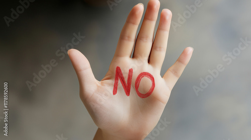 Obraz na płótnie 赤い文字で「NO」と書かれた手のひらのクローズアップ w salonie