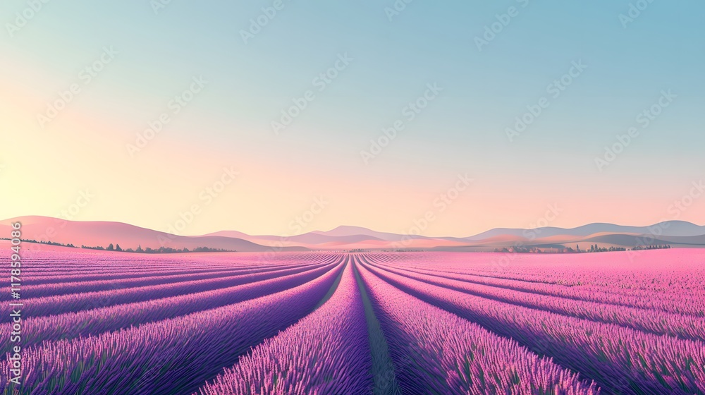 Naklejka premium Tranquil lavender fields under a clear daytime sky, with rows of purple flowers stretching to the horizon. Captures the tranquility and beauty of nature