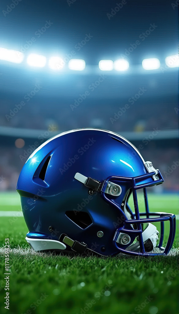 Fototapeta premium Blue football helmet on green field stadium lights sports safety competition.