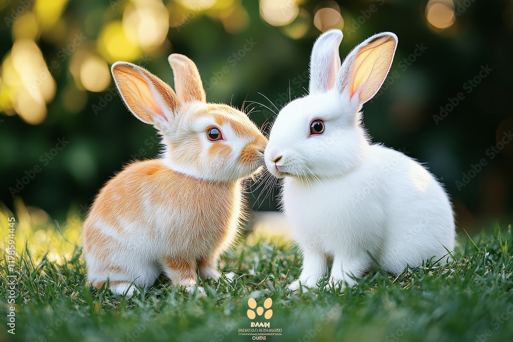 Fototapeta premium A cute real-life shot of a white rabbit and an orange bunny sitting together on the grass, with high-definition, depth of field and high detail.
