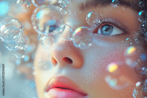 Close up of a girl among colorful bubbles in a whimsical underwater scene photo