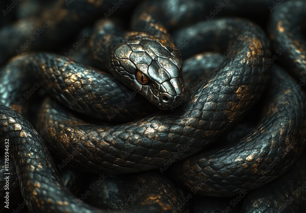 Close-Up of a Majestic Dark Snake Coiled Elegantly, Showcasing Intricate Scales and Striking Eyes, Perfect for Nature and Wildlife Photography Themes Close-Up of a Majestic Dark Snake Coiled Elegantly, Showcasing Intricate Scales and Striking Eyes, Perfect for Nature and Wildlife Photography Themes