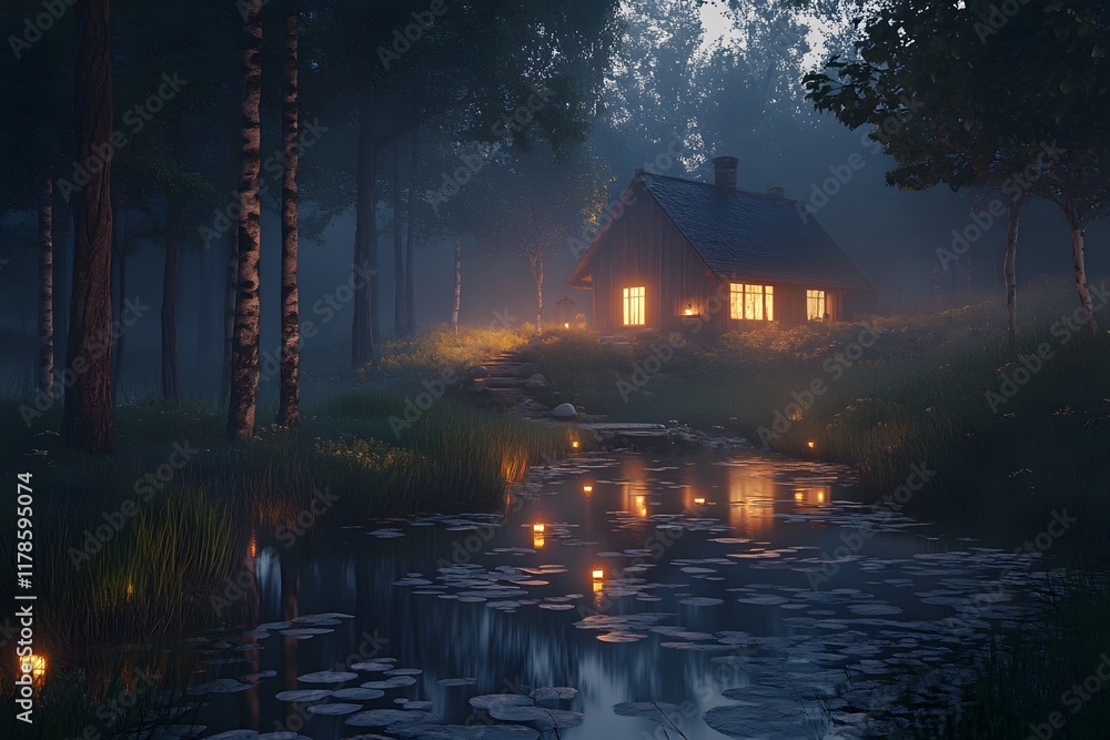 Fototapeta premium A serene cabin by a misty pond at dusk, illuminated warmly.
