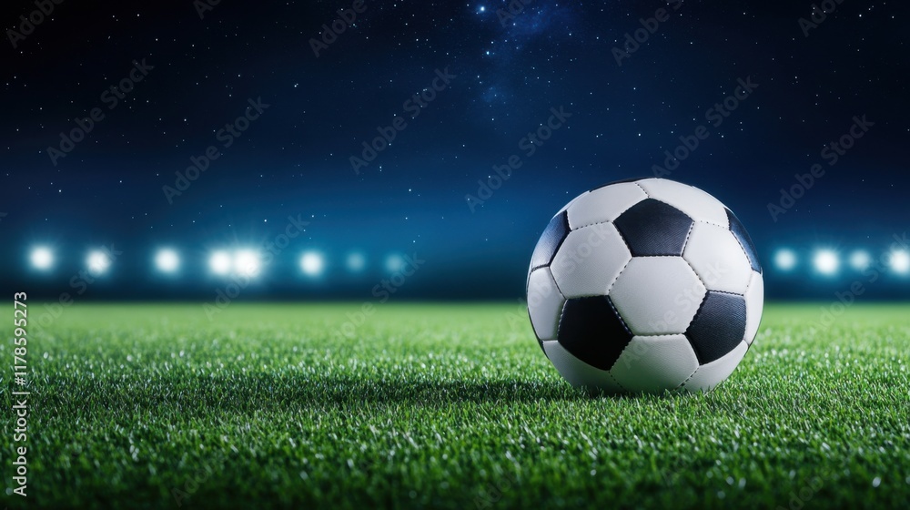 Fototapeta premium A Soccer Ball on a Lush Green Field Under a Starry Sky with Stadium Lights Glowing in the Background