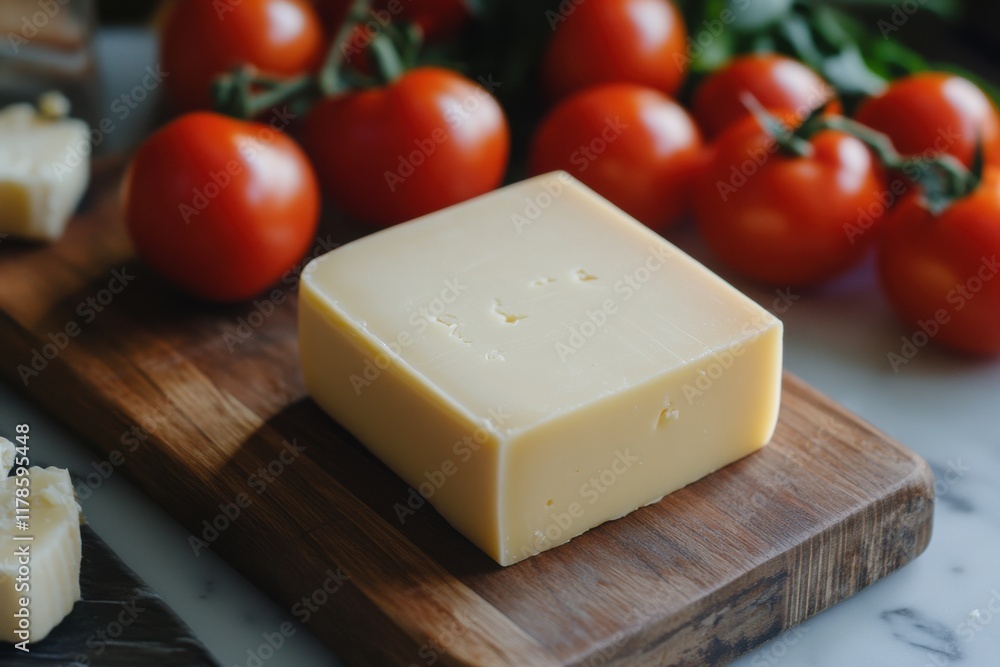 Fresh Cheese and Tomatoes on Wooden Board Fresh Cheese and Tomatoes on Wooden Board