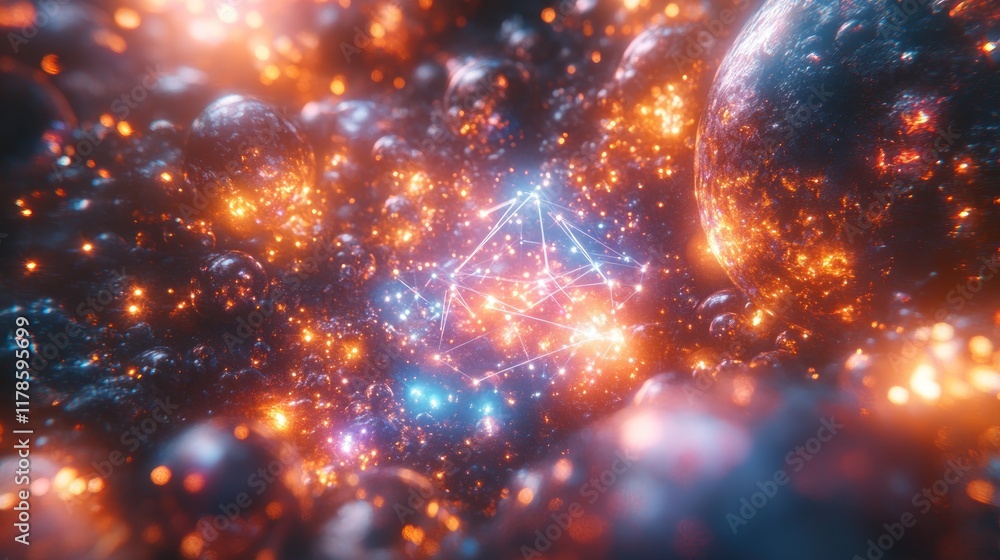 Fototapeta premium A vibrant cosmic scene with glowing particles and geometric shapes in a starry environment.