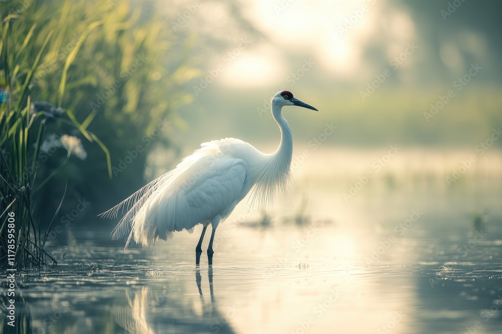 Fototapeta premium White Crane Wading in Morning Mist Peaceful Waters