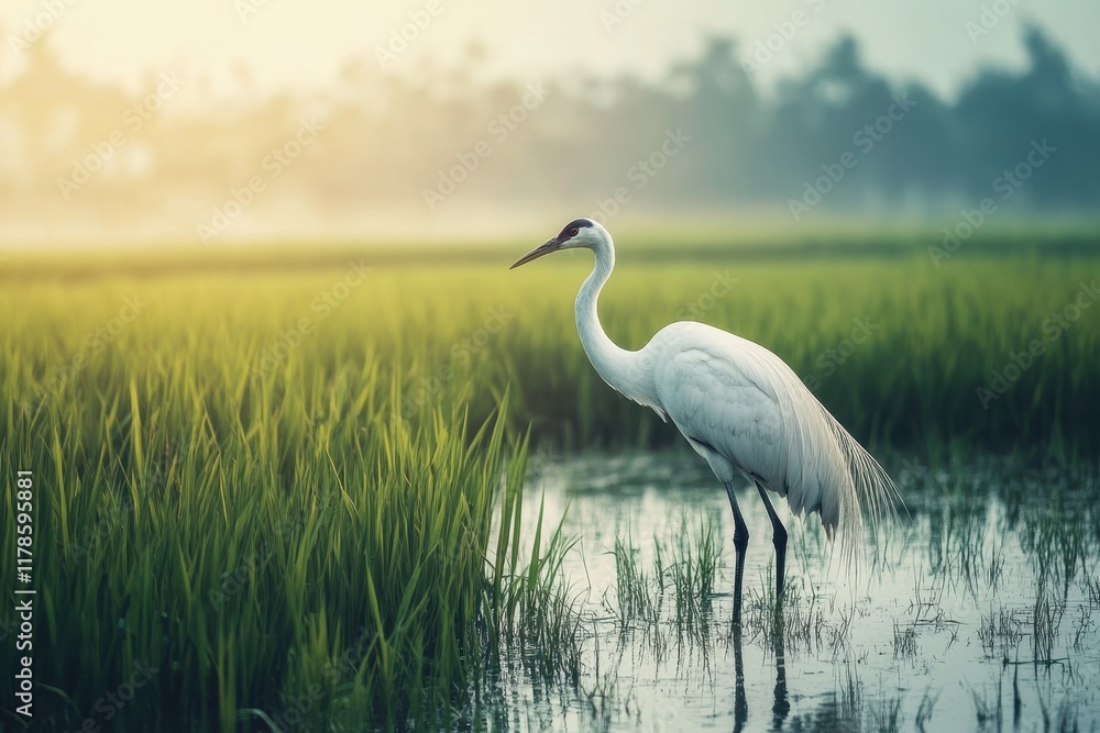 White Crane in Green Rice Paddy at Sunrise White Crane in Green Rice Paddy at Sunrise