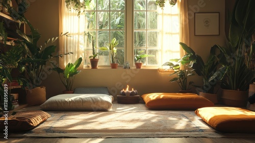 A calm meditation session in a serene, indoor space with soft lighting, cushions, and plants, showcasing a peaceful environment