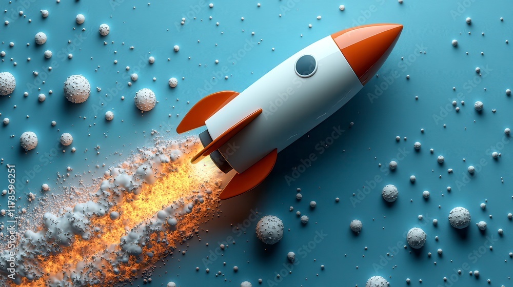 Toy rocket launching, surrounded by small spheres on blue background. Toy rocket launching, surrounded by small spheres on blue background.