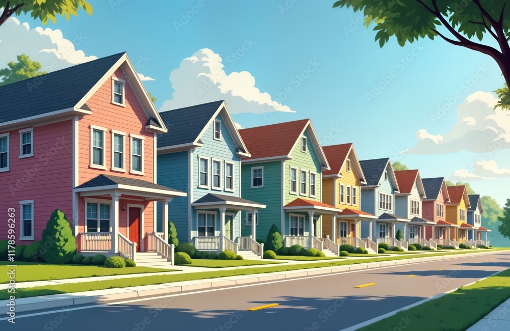 Colorful row houses line a sunny street. Homes boast various pastel colors. Front porches and small lawns are visible. A quiet residential area. Perfect for family home or real estate marketing. Colorful row houses line a sunny street. Homes boast various pastel colors. Front porches and small lawns are visible. A quiet residential area. Perfect for family home or real estate marketing.