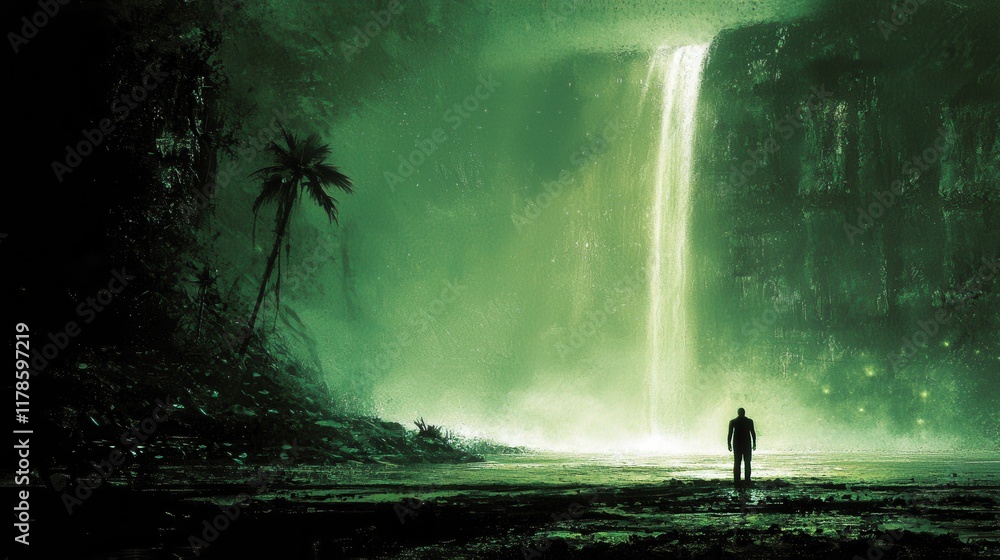 Obraz premium A serene volcanic island glowing softly under twin auroras. Radiant waterfalls of liquid light flow gently down the island’s cliffs, converging into shimmering pools surrounded by glowing plants. 