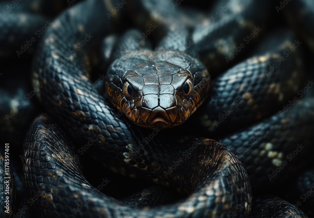 Close-Up Portrait of a Coiled Black Snake with Intricate Scales and Intense Eyes Captured in a Natural Habitat Setting for Wildlife Photography Close-Up Portrait of a Coiled Black Snake with Intricate Scales and Intense Eyes Captured in a Natural Habitat Setting for Wildlife Photography