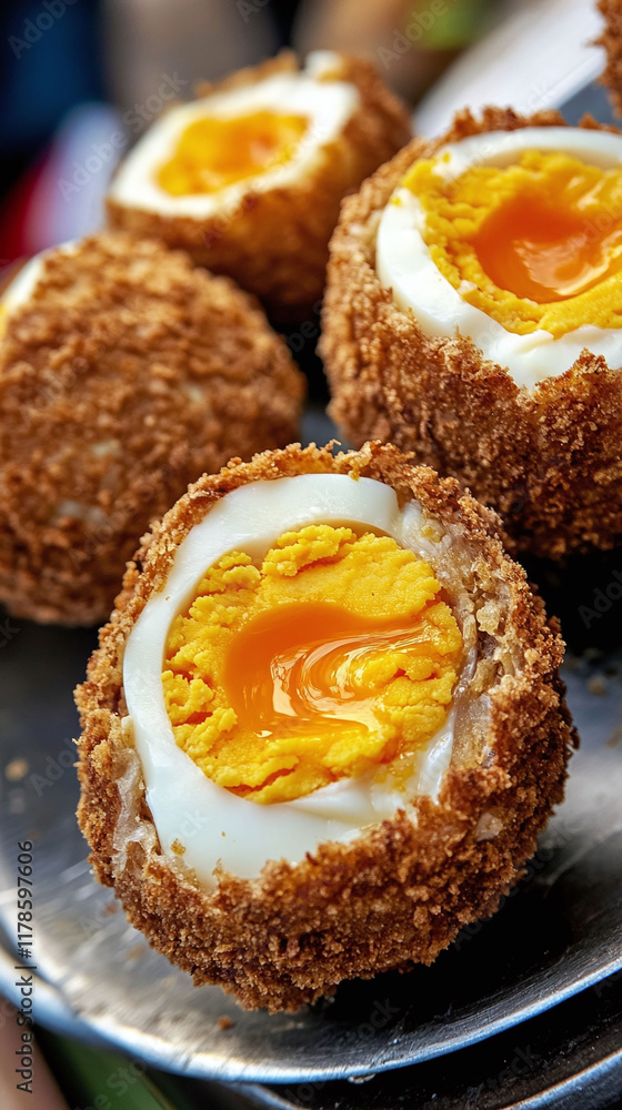 A market in the UK serving Scotch eggs with golden breaded crusts. A market in the UK serving Scotch eggs with golden breaded crusts.