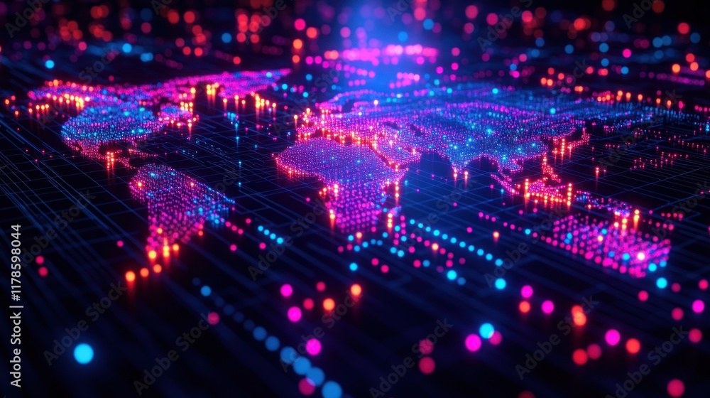 Fototapeta premium A vibrant digital representation of a world map with glowing nodes and connections.