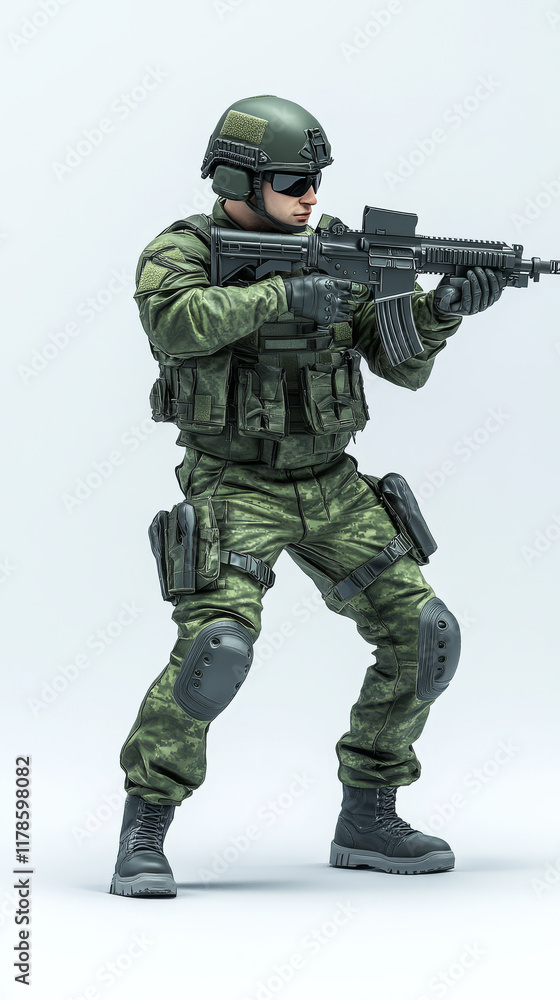 3D, Military, A full-body modern soldier in a green uniform, holding an assault rifle and standing in a sideways pose on a white background, with no text or logo. 3D, Military, A full-body modern soldier in a green uniform, holding an assault rifle and standing in a sideways pose on a white background, with no text or logo.