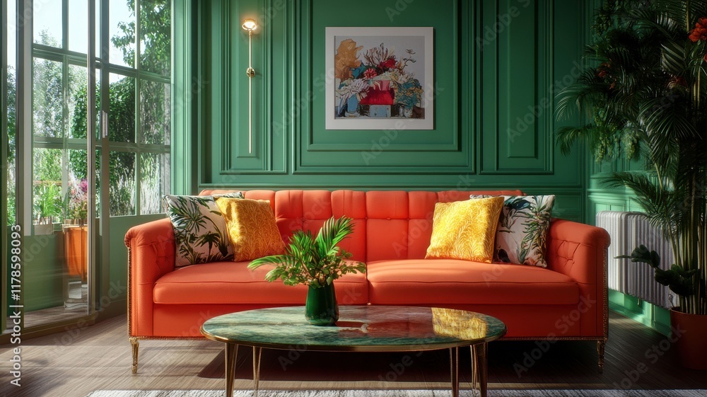 Obraz premium Stylish 3D Rendering of a Modern Vintage Living Room with Elegant Decor and Cozy Atmosphere