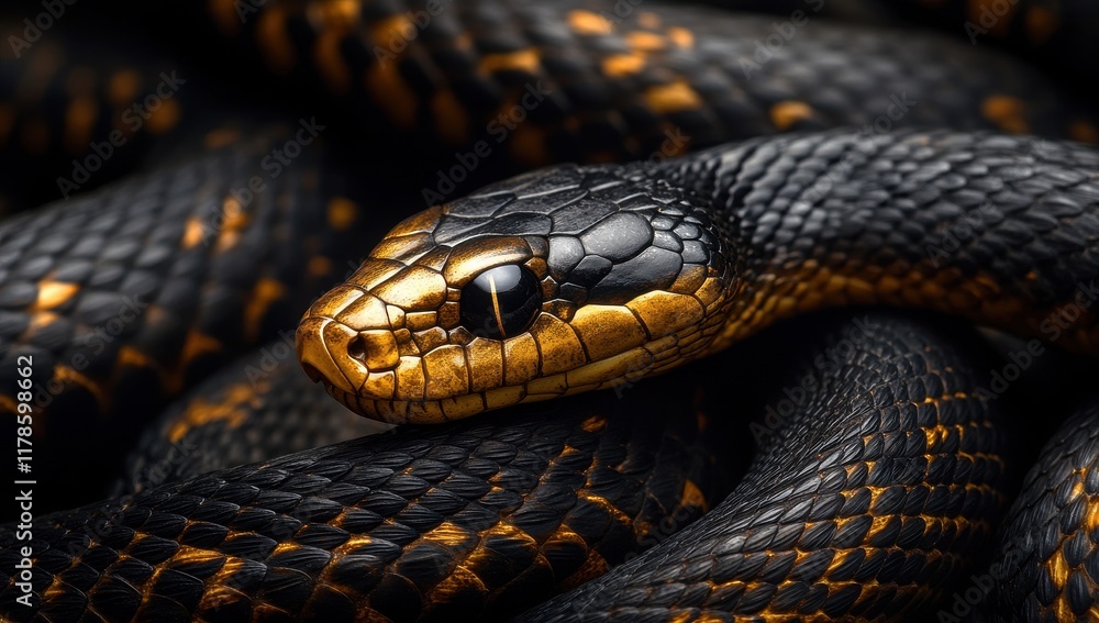 Obraz premium Close-Up View of a Majestic Black and Gold Snake Coiled Comfortably, Showcasing Intricate Scales and Detailed Features in a Natural Habitat Setting