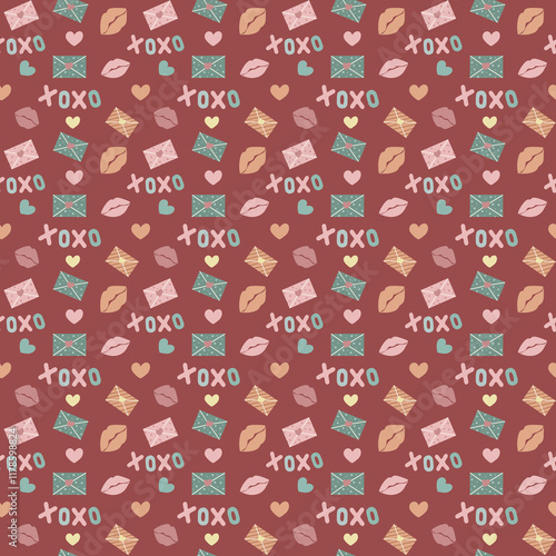 Seamless pattern with letters, lips, xoxo and hearts