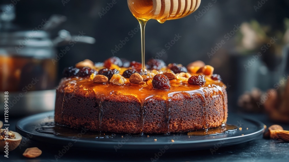 Pouring honey sugar syrup Carrot and dates Christmas cake made dried fruit, raisins, cashew nuts almond. Tasty home made flavored cinnamon. Sweet dessert food. Pouring honey sugar syrup Carrot and dates Christmas cake made dried fruit, raisins, cashew nuts almond. Tasty home made flavored cinnamon. Sweet dessert food.