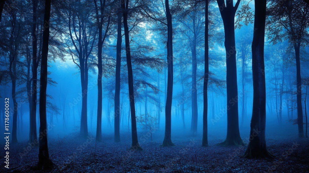 Fototapeta premium Serene Foggy Forest with Tall Trees in Blue Tones