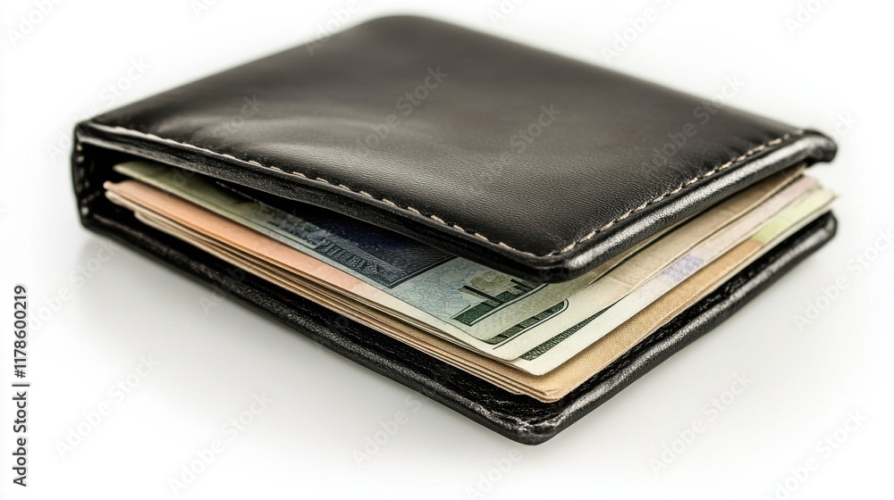 Sleek Black Leather Wallet Opened with Cards and Bills Sleek Black Leather Wallet Opened with Cards and Bills