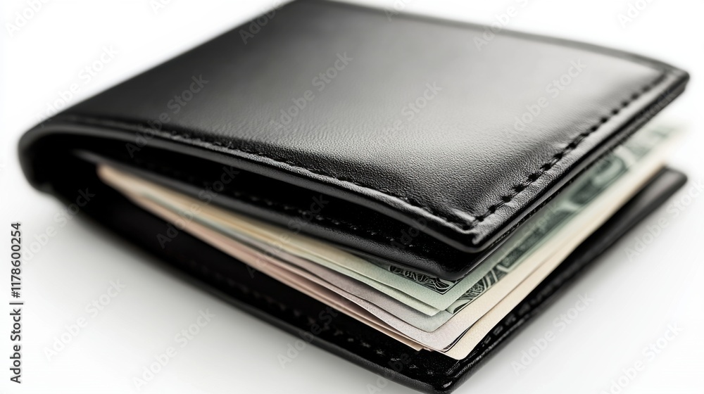 Sleek Black Leather Wallet with Bills and Cards Sleek Black Leather Wallet with Bills and Cards
