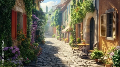 Fototapeta Naklejka Na Ścianę i Meble -  Narrow cobblestone street in a charming European village with yellow and beige stone buildings