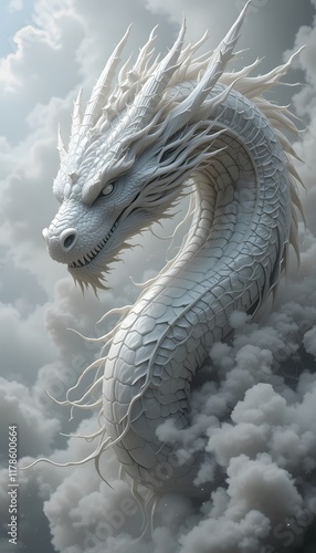4k high quality Ai generative white chinese dragon in a fog