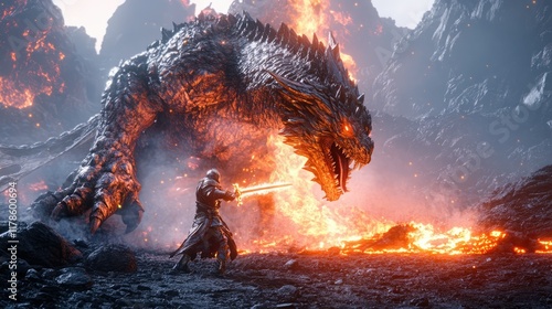 a close up of a dragon attacking a man with a sword