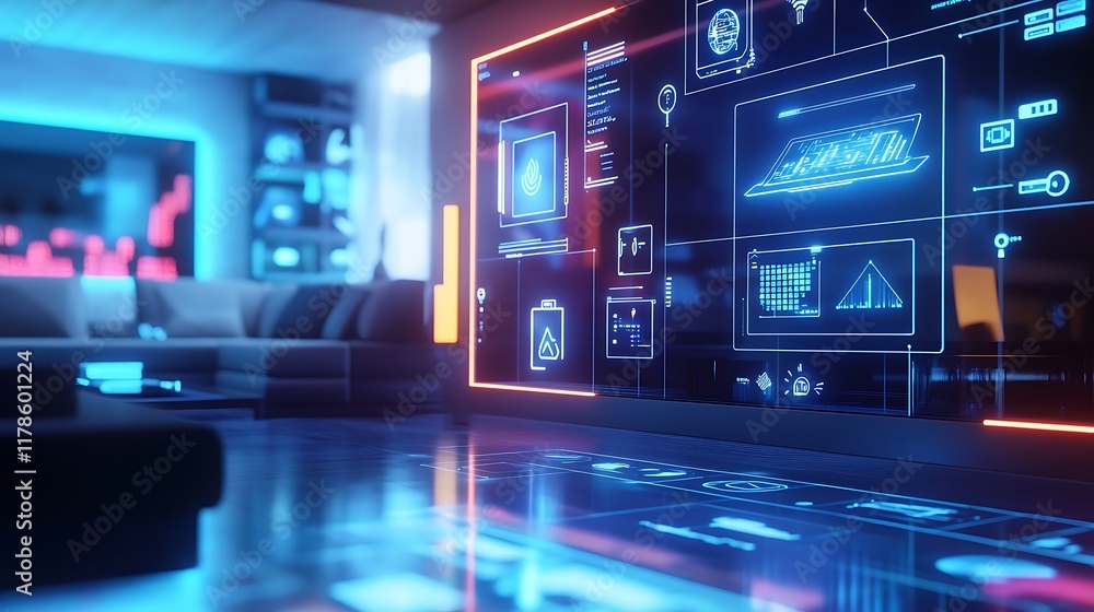 Futuristic Technology Interface with Data Visualization in Modern Room Futuristic Technology Interface with Data Visualization in Modern Room