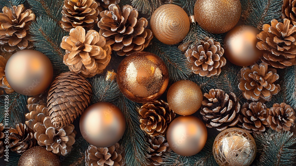 Festive bronze ornaments and pine cones Festive bronze ornaments and pine cones
