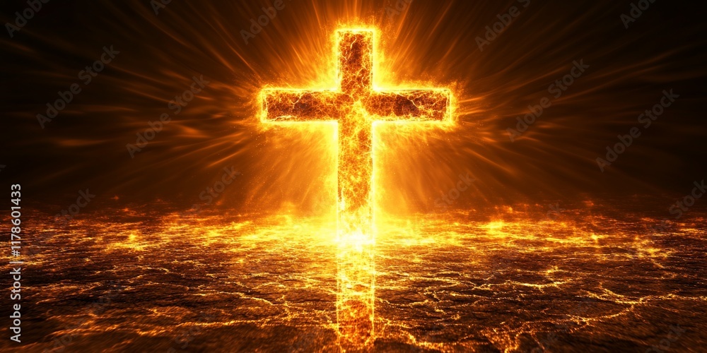Fiery cross, hellish background, faith, religion Fiery cross, hellish background, faith, religion
