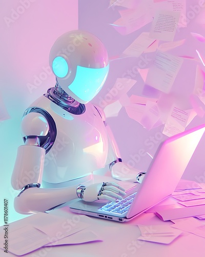 Futuristic Robot Working on Laptop with Floating Paper Sheets