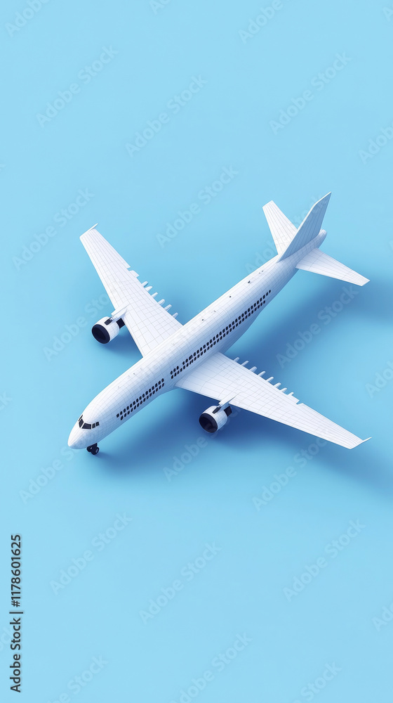 3D,aircraft, 3D icon of an airplane on a blue background, isometric view, minimalistic design, white color palette, white plane with black parts, simple shapes, 2D vector art, no shadows, light blue 3D,aircraft, 3D icon of an airplane on a blue background, isometric view, minimalistic design, white color palette, white plane with black parts, simple shapes, 2D vector art, no shadows, light blue