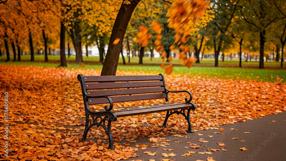Park bench surrounded by autumn leaves with trees in the background. Park bench surrounded by autumn leaves with trees in the background.