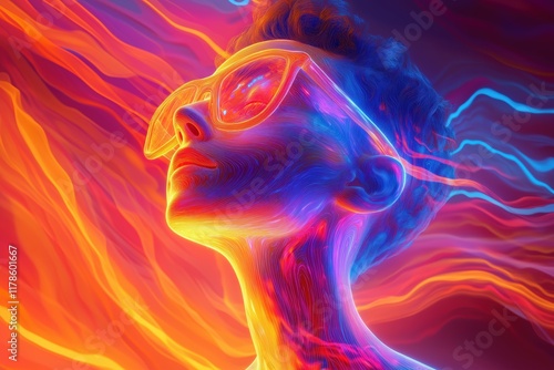 Vivid pulse waves create a dynamic atmosphere around a person in colorful glasses photo