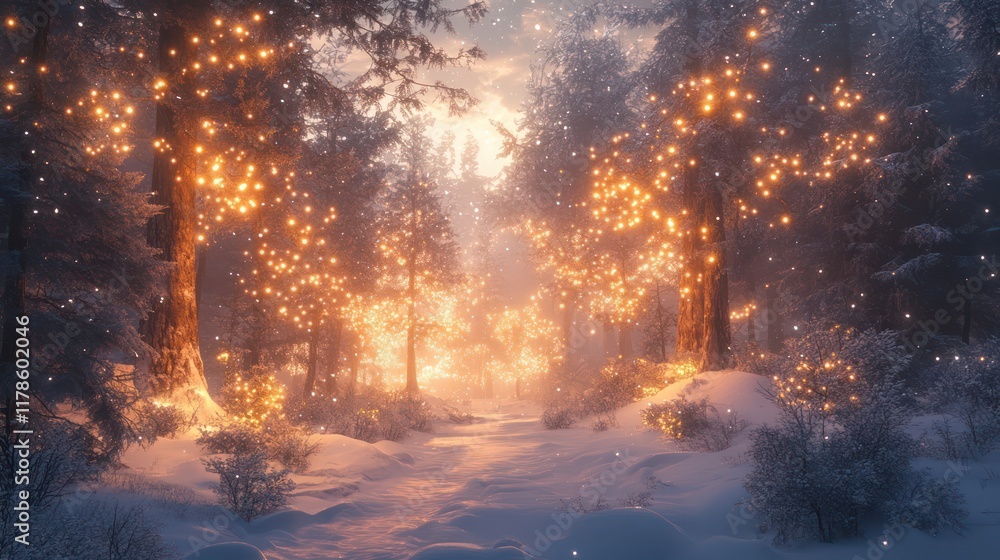 A snow covered forest at dusk, with glowing lights hanging from the trees, a soft mist rising from the ground A snow covered forest at dusk, with glowing lights hanging from the trees, a soft mist rising from the ground
