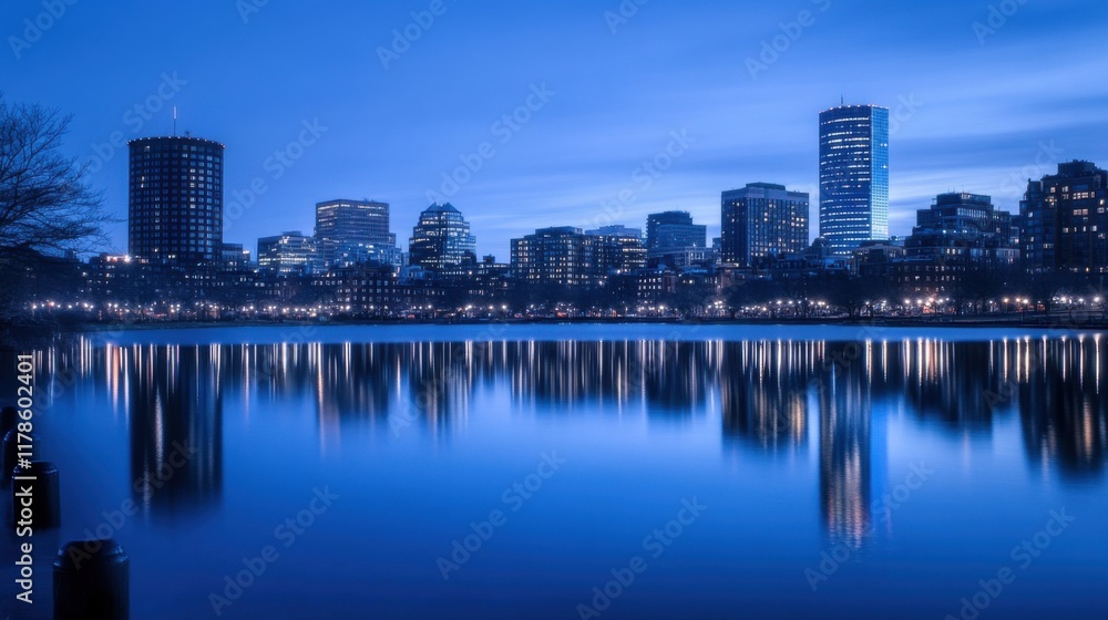 Naklejka premium Twilight City Skyline Reflected in Water
