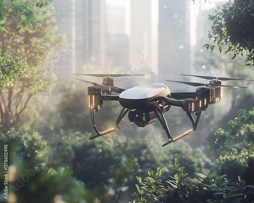 Drone Flying Over Lush Green Forest Surrounded by Cityscape photo