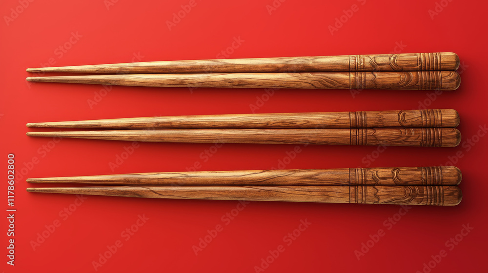 Chopsticks, Three wooden drumsticks, solid wood texture, 3D rendering effect, red background color. Chopsticks, Three wooden drumsticks, solid wood texture, 3D rendering effect, red background color.