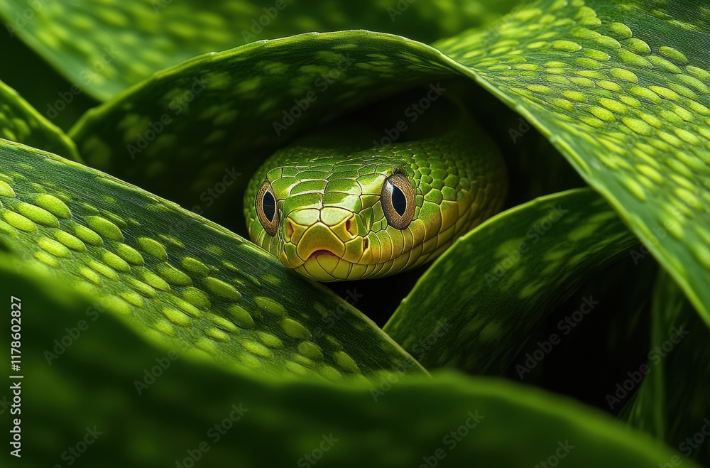 Fototapeta premium Green Snake Camouflaged Among Vibrant Green Leaves in a Lush Forest Setting, Exploring Nature's Intricate Patterns and Textures in a Serene Habitat