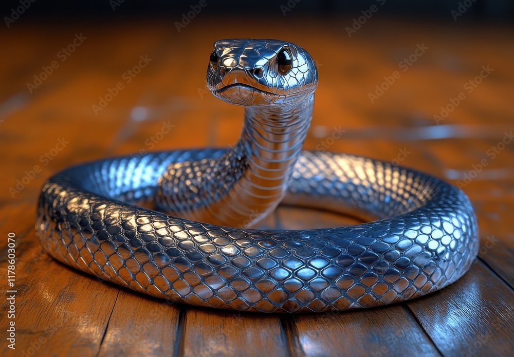 Fototapeta premium Highly Detailed 3D Render of a Metallic Snake Coiled on a Wooden Surface, Showcasing Intricate Scales and Reflective Texture in a Dramatic Lighting Setting