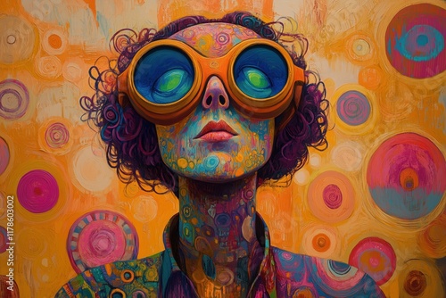 Artistic character with vibrant circles and oversized glasses in colorful background photo